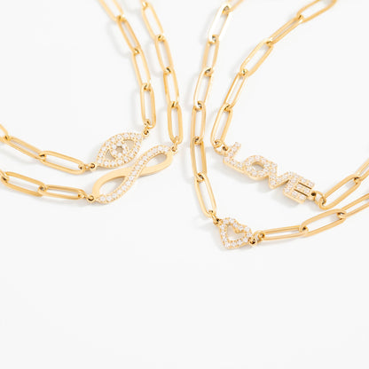 18K Gold PVD Stainless Steel Stone "Infinity" Paperclip Chain Necklace / CHN9977