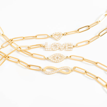 18K Gold PVD Stainless Steel Stone "Evil Eye" Paperclip Chain Bracelet / BRJ1005