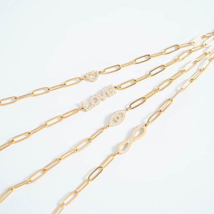 18K Gold PVD Stainless Steel Stone "Love" Paperclip Chain Necklace / CHN9974
