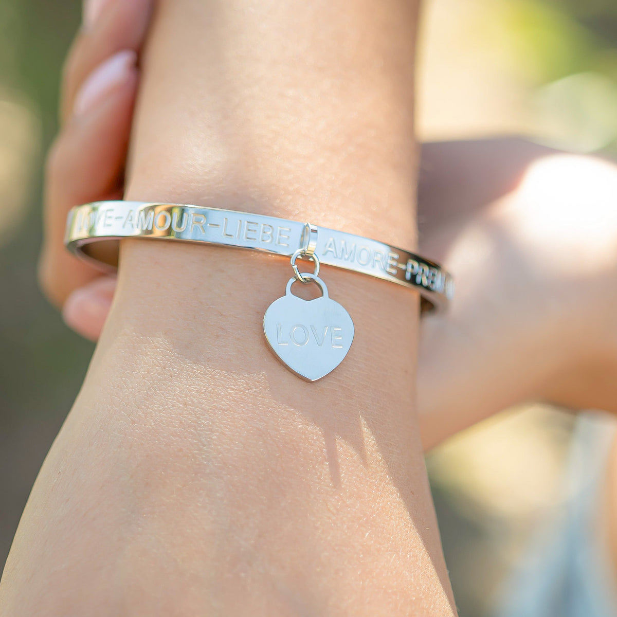 18K Gold PVD Stainless Steel Love Languages Heart Charm Bangle / BRJ1013