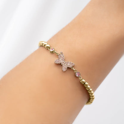 18K Gold PVD Stainless Steel Butterfly Beaded Stretch Bracelet / BRJ1074