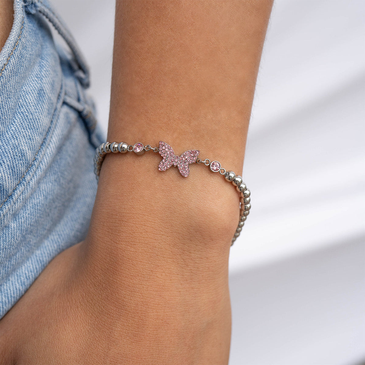 18K Gold PVD Stainless Steel Butterfly Beaded Stretch Bracelet / BRJ1074