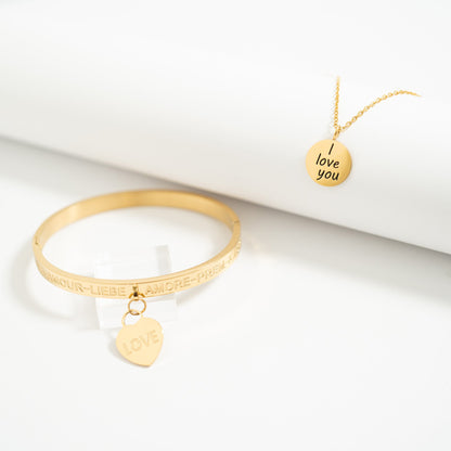 18K Gold PVD Stainless Steel Love Languages Heart Charm Bangle / BRJ1013