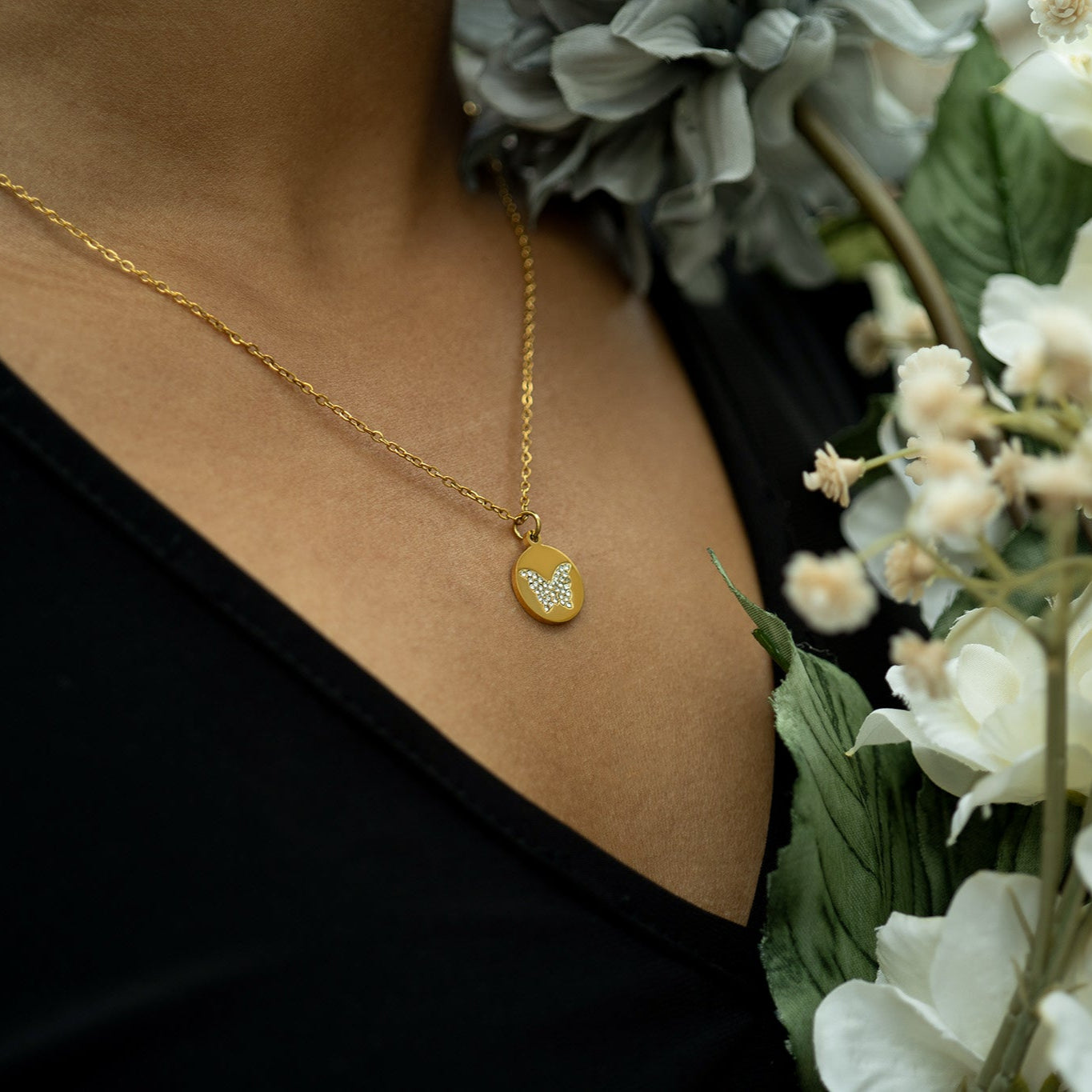 18K Gold PVD Stainless Steel Stone Butterfly Pendant Necklace / CHN0085