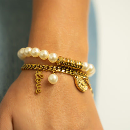 18K Gold PVD 8mm Kiska Glass Pearl Beaded Stretch Bracelet / BRJ1081