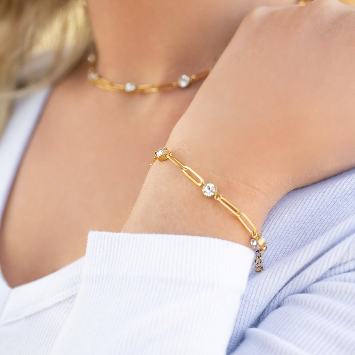 18K Gold PVD Stainless Steel Stone Paperclip Bracelet / BRJ1024