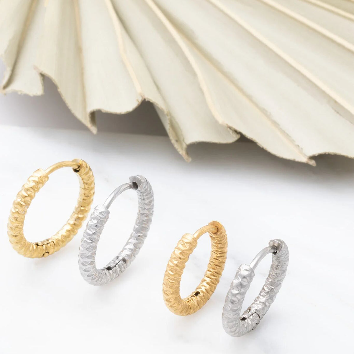 18K Gold PVD Stainless Steel Textured Huggie Hoop Earrings / ERJ0012