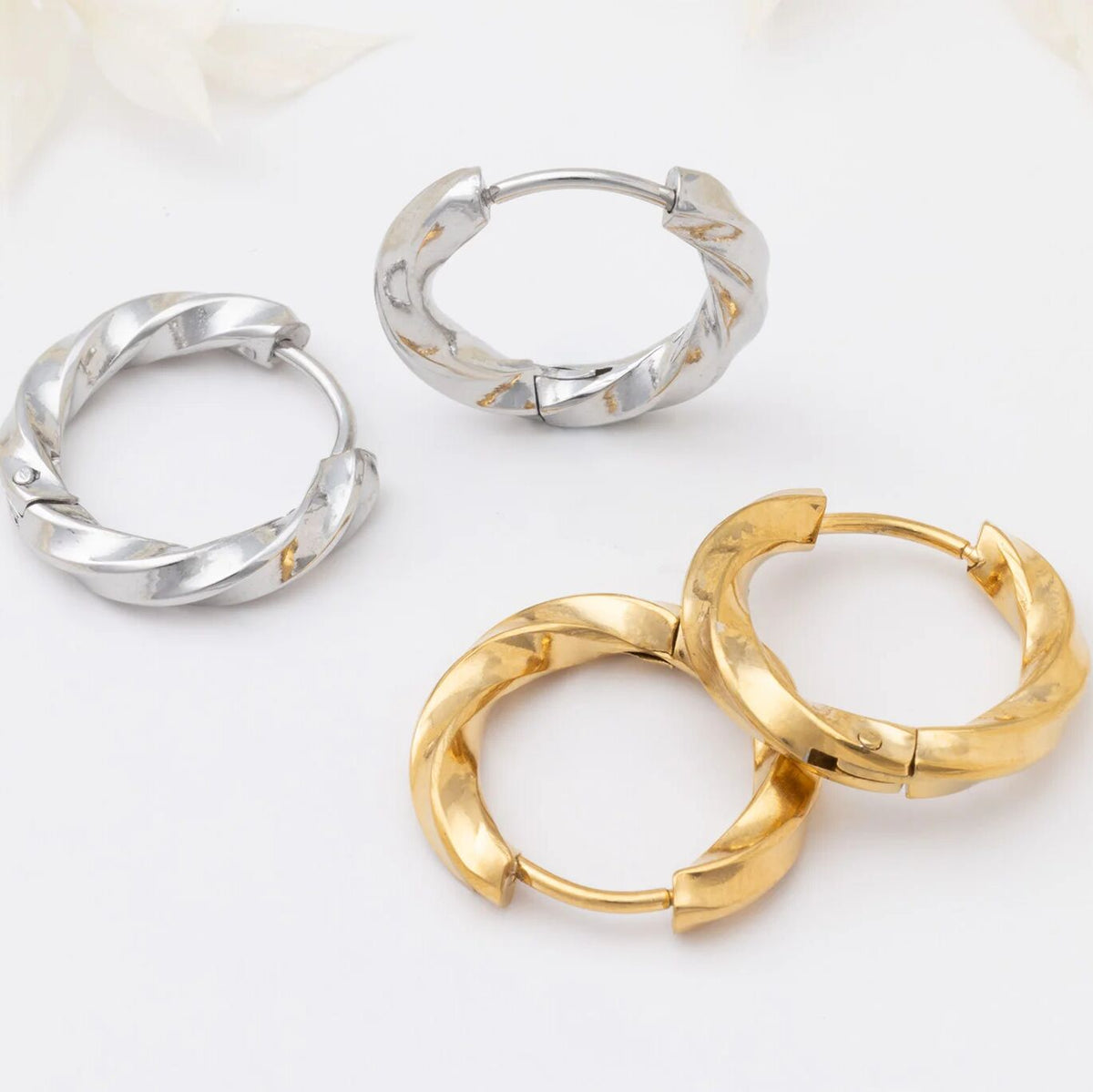 18K Gold PVD Stainless Steel Textured Twisted Huggie Hoop Earrings / ERJ0026