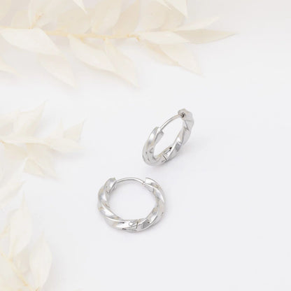 18K Gold PVD Stainless Steel Textured Twisted Huggie Hoop Earrings / ERJ0026