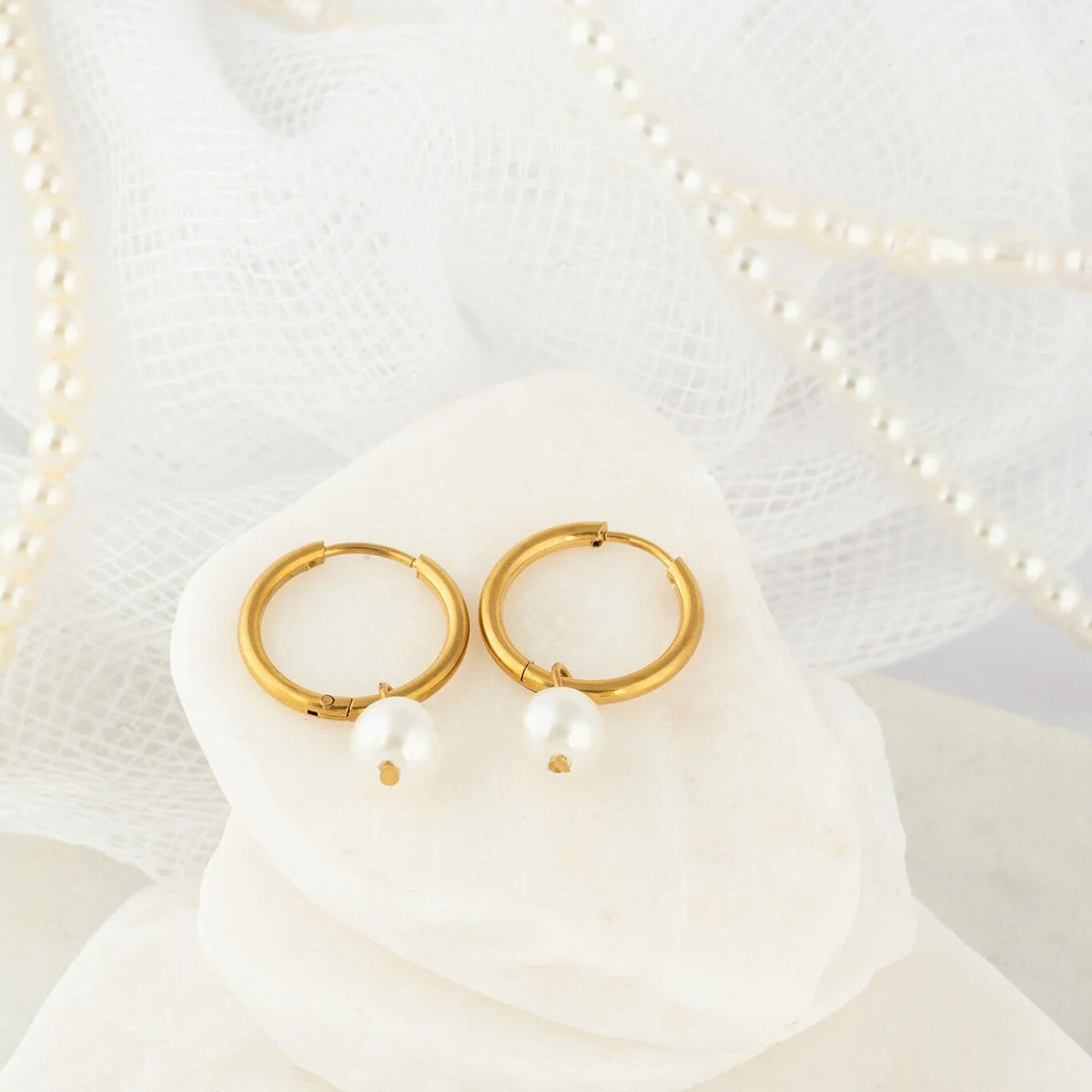 18K Gold PVD Stainless Steel Pearl Charm Huggie Hoop Earrings / ERJ0027