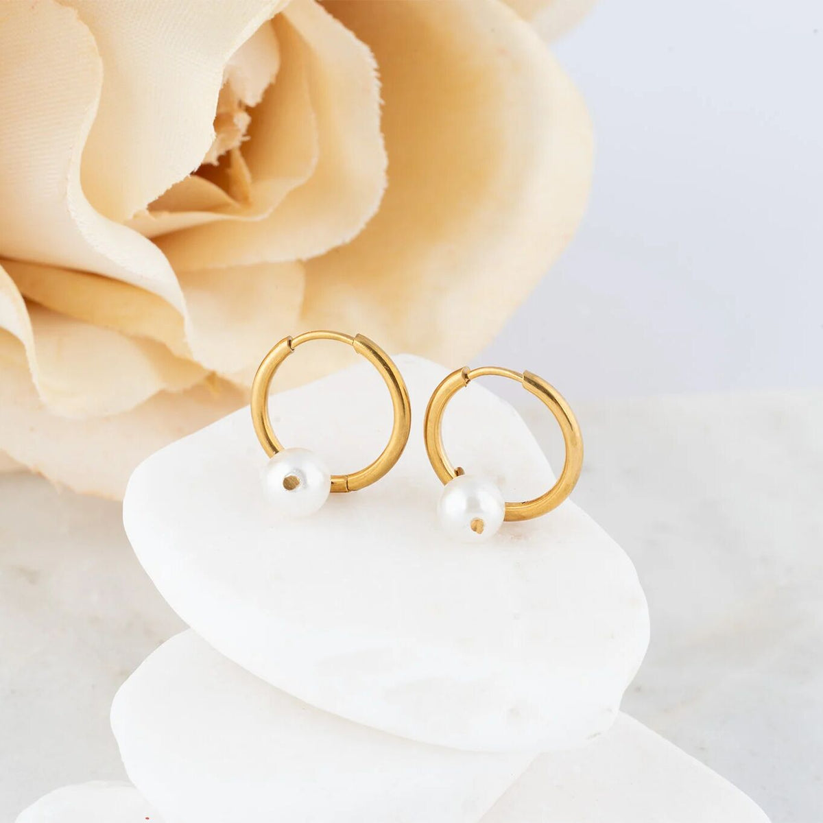 18K Gold PVD Stainless Steel Pearl Charm Huggie Hoop Earrings / ERJ0027