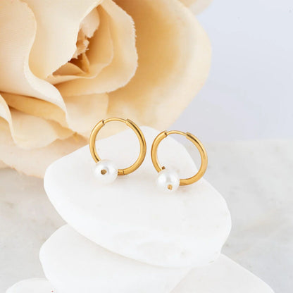 18K Gold PVD Stainless Steel Pearl Charm Huggie Hoop Earrings / ERJ0027