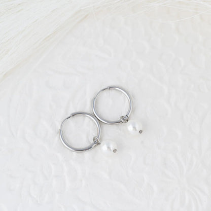18K Gold PVD Stainless Steel Pearl Charm Huggie Hoop Earrings / ERJ0027