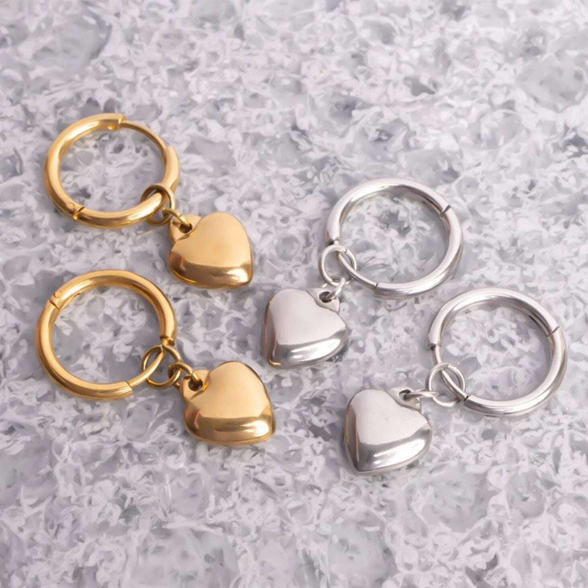 18K Gold PVD Stainless Steel Heart Pendant Huggie Hoop Earrings / ERJ0028