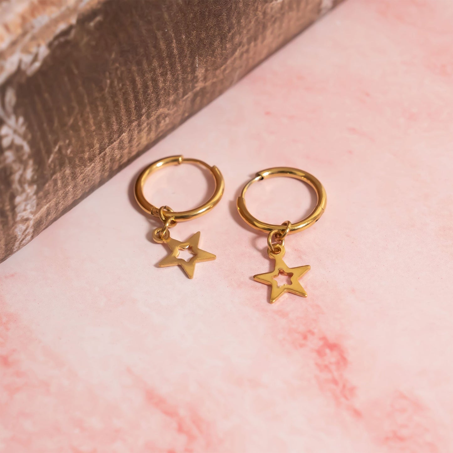 18K Gold PVD Stainless Steel Star Pendant Hoop Earrings / ERJ0037