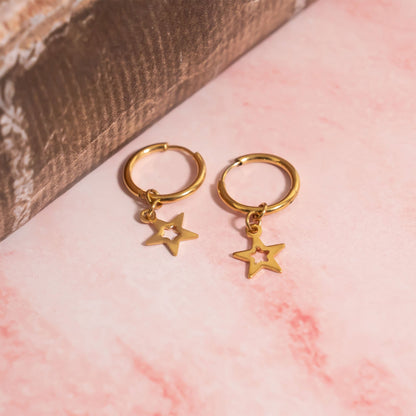18K Gold PVD Stainless Steel Star Pendant Hoop Earrings / ERJ0037