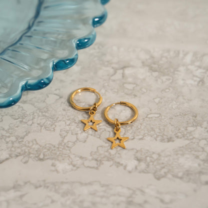 18K Gold PVD Stainless Steel Star Pendant Hoop Earrings / ERJ0037