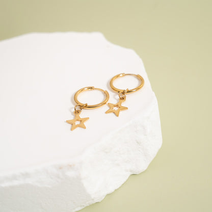 18K Gold PVD Stainless Steel Star Pendant Hoop Earrings / ERJ0037