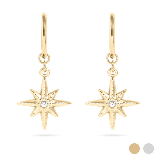 18K Gold PVD Huggie with Compass Charm with CZ Stone Earrings / ERJ0051