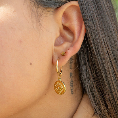 18K Gold PVD Stainless Steel Evil Eye Huggie Charm Earrings / ERJ0052
