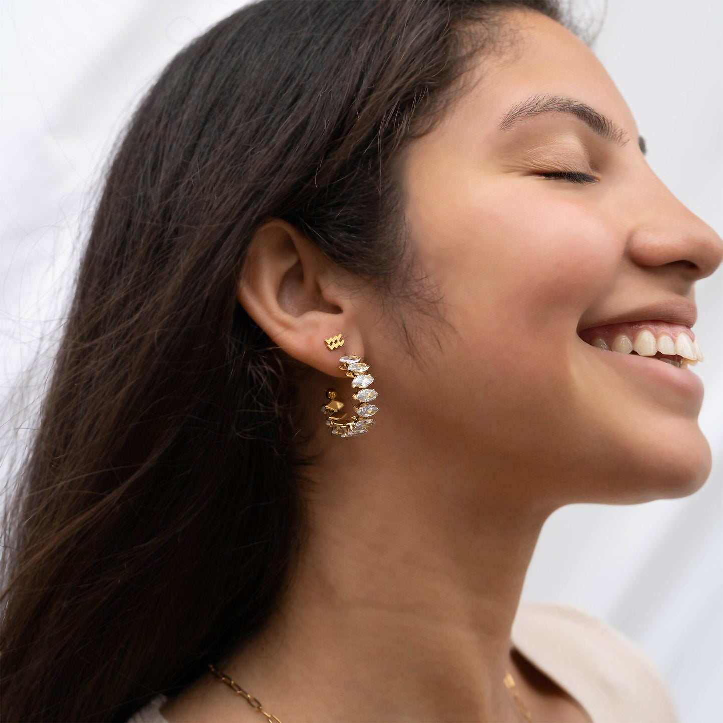 18K Gold PVD Stainless Steel Marquis CZ Stone Hoop Earrings / ERJ0069
