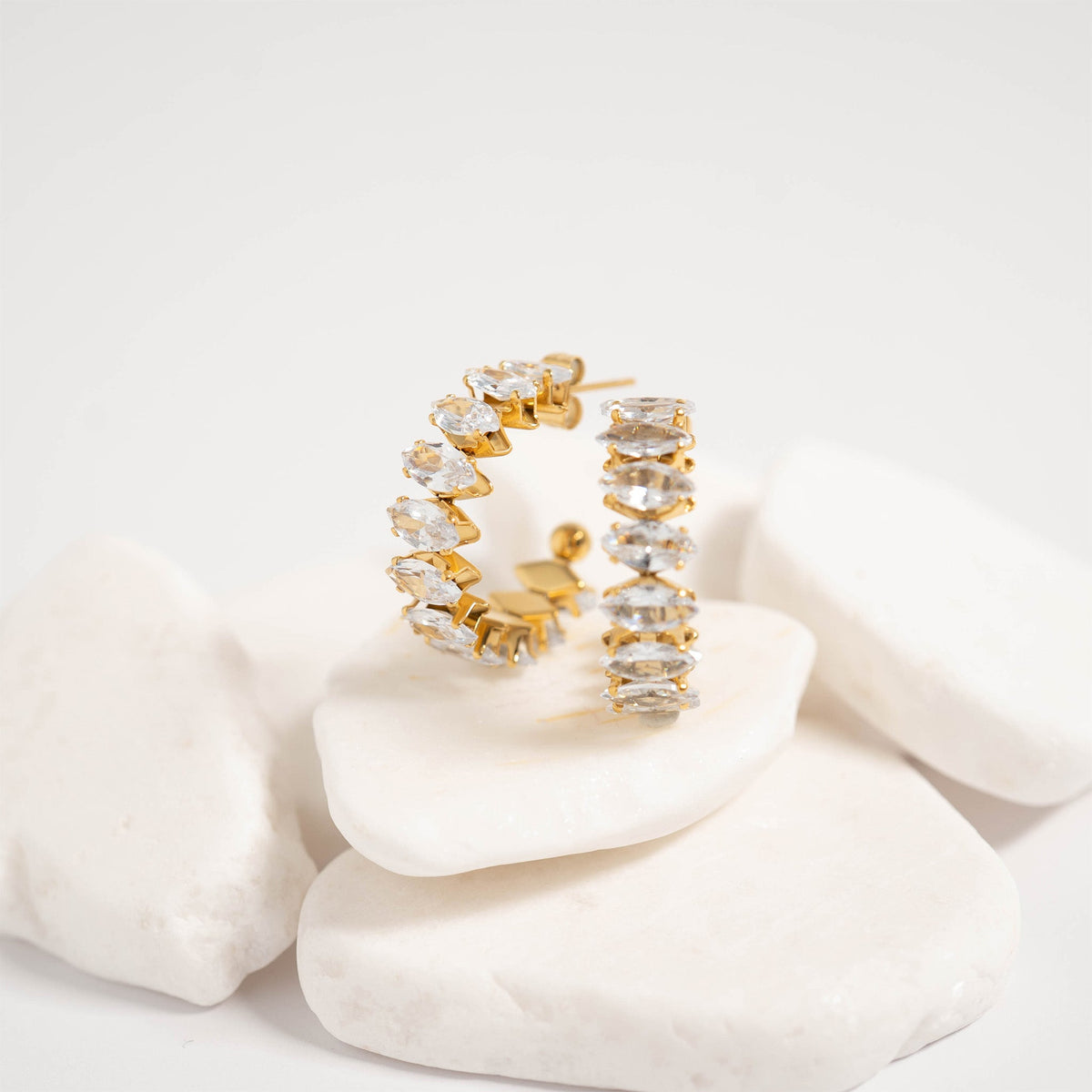 18K Gold PVD Stainless Steel Marquis CZ Stone Hoop Earrings / ERJ0069