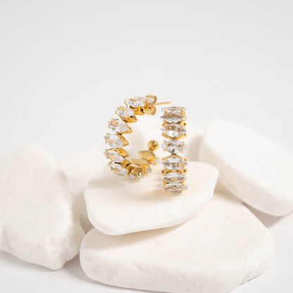 18K Gold PVD Stainless Steel Marquis CZ Stone Hoop Earrings / ERJ0069
