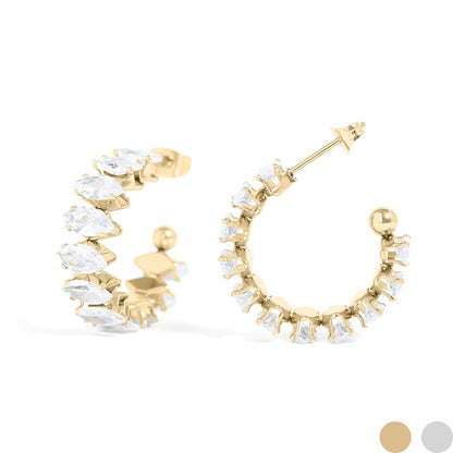 18K Gold PVD Stainless Steel Marquis CZ Stone Hoop Earrings / ERJ0069