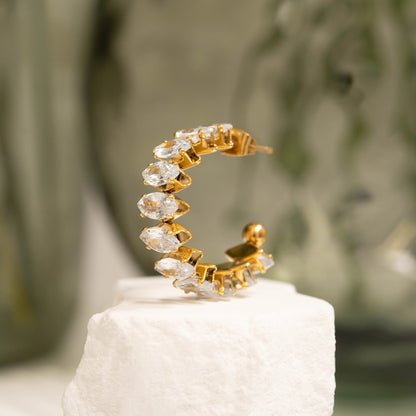 18K Gold PVD Stainless Steel Marquis CZ Stone Hoop Earrings / ERJ0069