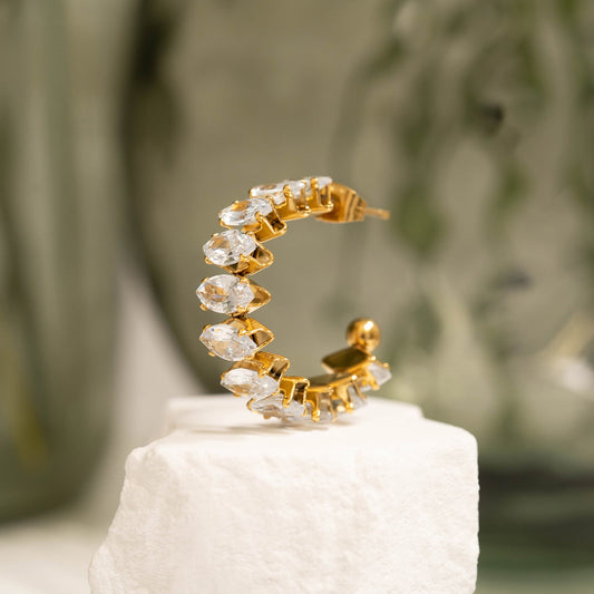 18K Gold PVD Stainless Steel Marquis CZ Stone Hoop Earrings / ERJ0069