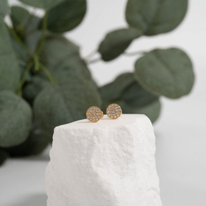 18K Gold PVD Stainless Steel Round Stud Pave Stones Earrings / ERJ0078