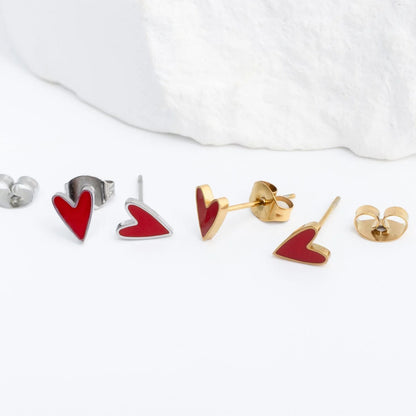 18K Gold PVD Stainless Steel White Enamel Heart Studs / ERJ0081