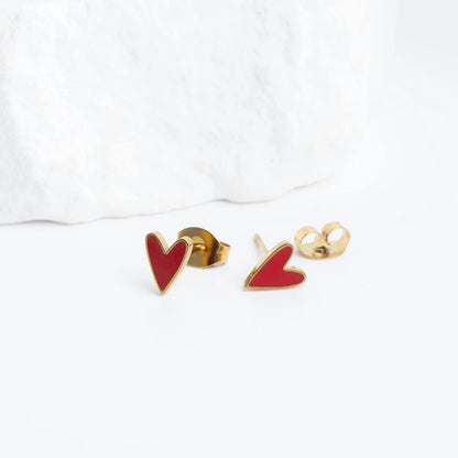 18K Gold PVD Stainless Steel White Enamel Heart Studs / ERJ0081