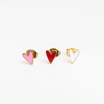 18K Gold PVD Stainless Steel White Enamel Heart Studs / ERJ0081