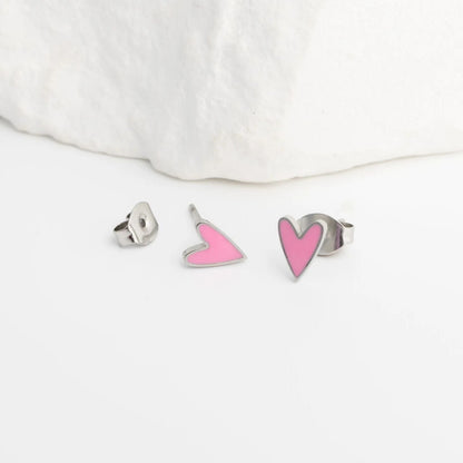 18K Gold PVD Stainless Steel White Enamel Heart Studs / ERJ0081