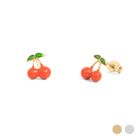 18K Gold PVD Stainless Steel Enamel Cherry Stud Earrings / ERJ0082