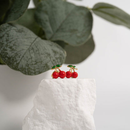 18K Gold PVD Stainless Steel Enamel Cherry Stud Earrings / ERJ0082