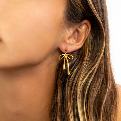 18K Gold PVD Stainless Steel Ribbon Bow Earrings  / ERJ0084
