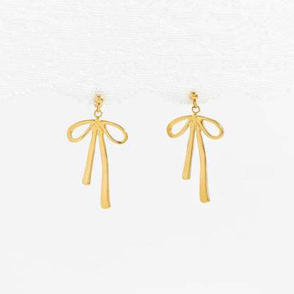 18K Gold PVD Stainless Steel Ribbon Bow Earrings  / ERJ0084