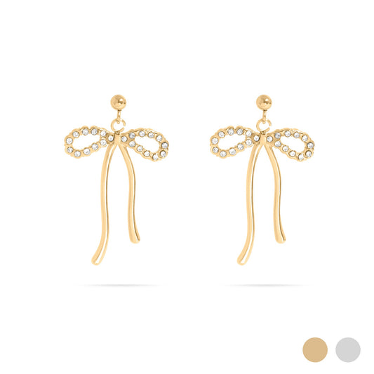 18K Gold PVD Ribbon Bow with Stones Earrings / ERJ0085