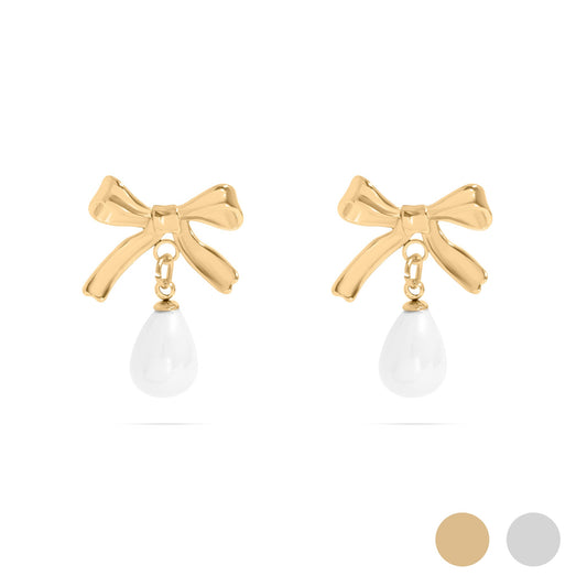18K Gold PVD Ribbon Bow Earrings with Freshwater Pearl / ERJ0088