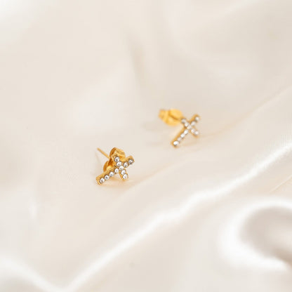 18K Gold PVD Stainless Steel Stone Cross Earrings / ERJ0090