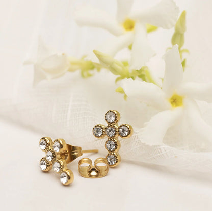 18K Gold PVD Stainless Steel Round Stone Cross Earrings / ERJ0091
