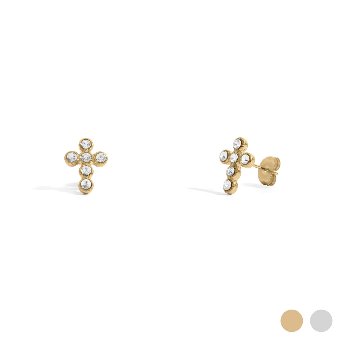 18K Gold PVD Stainless Steel Round Stone Cross Earrings / ERJ0091