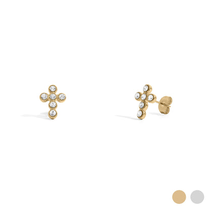 18K Gold PVD Stainless Steel Round Stone Cross Earrings / ERJ0091