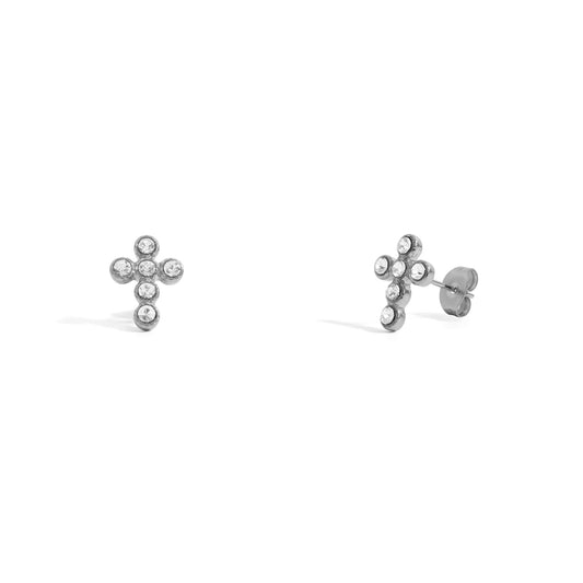 18K Gold PVD Stainless Steel Round Stone Cross Earrings / ERJ0091