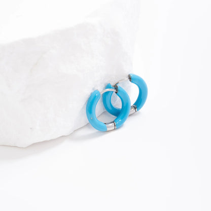 18K Gold PVD Stainless Steel Blue Epoxy Huggie Hoop Earrings / ERJ0096