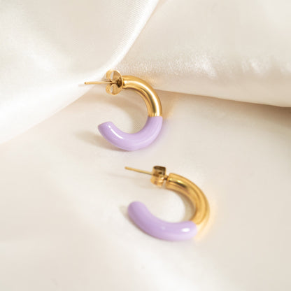 18K Gold PVD Stainless Steel Purple Epoxy Huggie hoop Earrings / ERJ0097