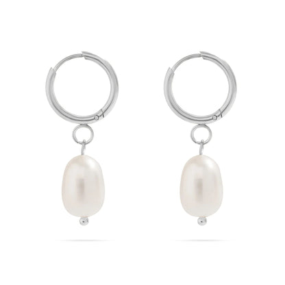 18K Gold PVD Stainless Steel Huggie Hoop with Freshwater Pearl Earring / ERJ0098