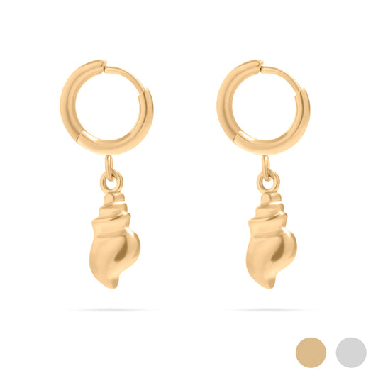 18K Gold PVD Stainless Steel Dangle Conch Shell Huggie Hoop Earring / ERJ0100